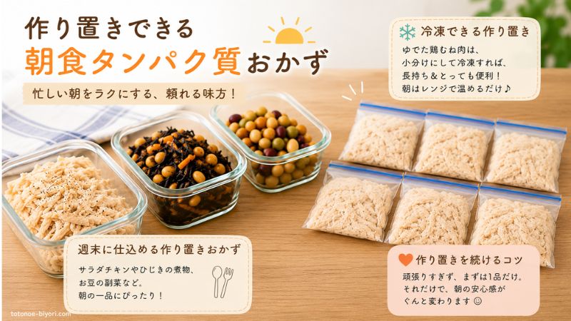 卵以外で作り置きできる朝食のタンパク質おかず。サラダチキン・ひじきと大豆の煮物・ミックスビーンズ・小分け冷凍した鶏むね肉