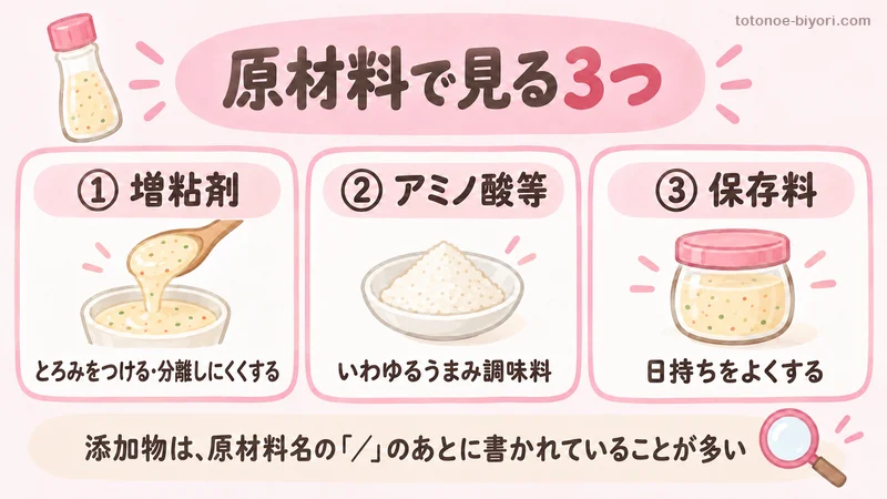 無添加ドレッシングを選ぶときに原材料で見る3つ(増粘剤・アミノ酸等・保存料)