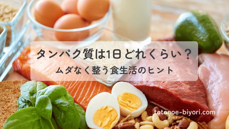 卵、肉、魚、ナッツなどの豊富なタンパク質食材が並んだイメージ。１日の摂取量を知って食生活を整えるためのアイキャッチ画像。