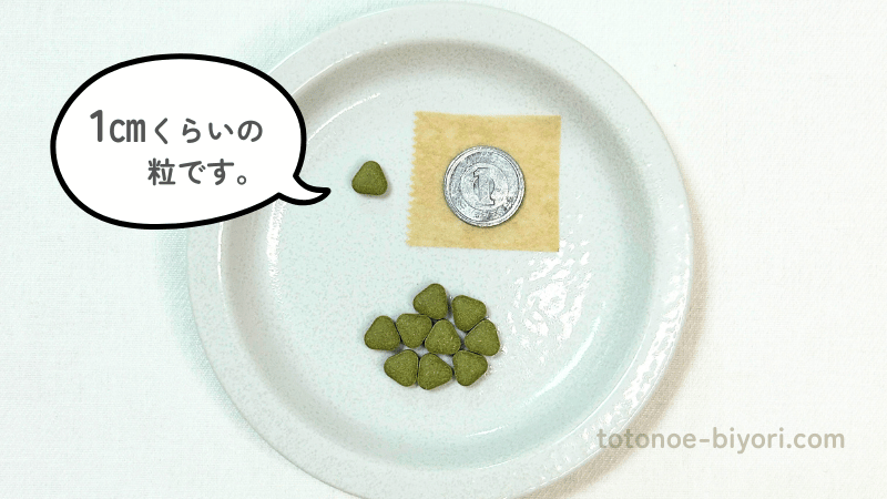 1円玉と並べてサイズを比較した「あおつぶ」の写真。１㎝程度の三角形の粒が複数お皿に載っている様子。