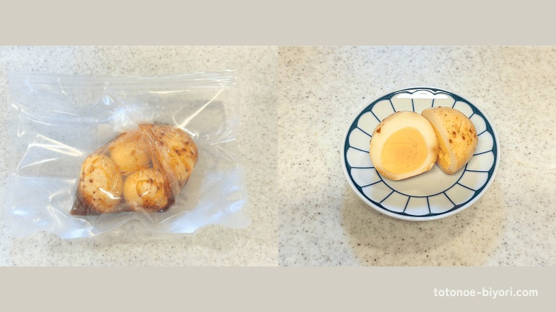 キムチ革命で作る「キムチ味玉」。ポリ袋で漬け込んでいる様子と、味が染みて美味しそうに半分に切られたゆで卵の一皿。