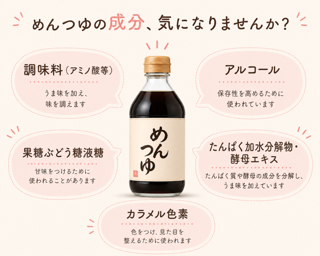 めんつゆに含まれる添加物（調味料アミノ酸等・アルコール・果糖ぶどう糖液糖・たんぱく加水分解物・酵母エキス・カラメル色素）を解説した図
