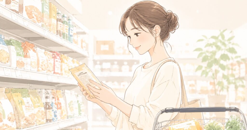 スーパーで食品の原材料表示を確認している女性のイラスト