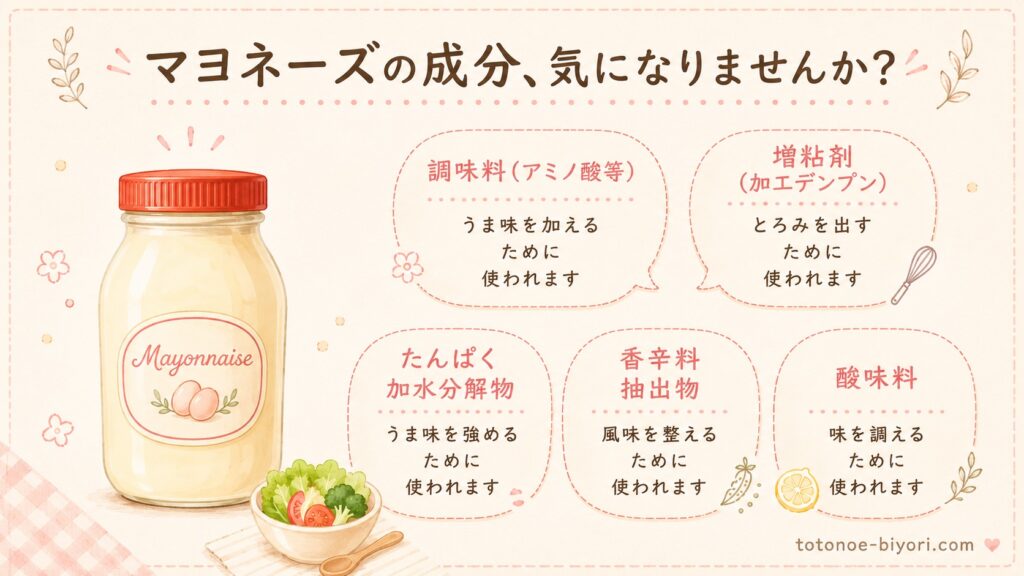 マヨネーズに含まれる添加物（調味料・増粘剤・たんぱく加水分解物・香辛料抽出物・酸味料）をイラストで解説したインフォグラフィック