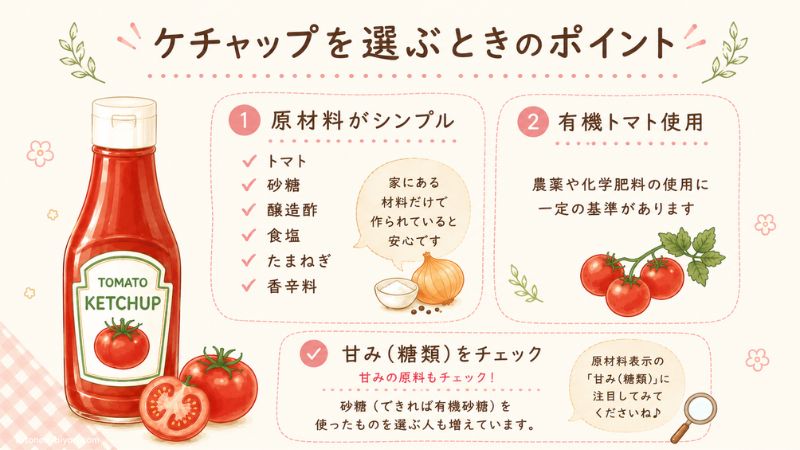 ケチャップを選ぶときのポイントを説明したイラスト。①原材料がシンプルか（トマト・砂糖・醸造酢・食塩・たまねぎ・香辛料）②有機トマトを使っているか。甘み（ブドウ糖果糖液糖など）もチェック