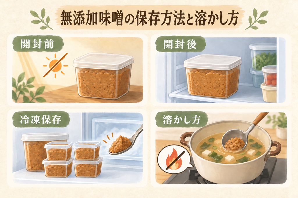 無添加味噌の保存方法と溶かし方。開封前は直射日光を避け、開封後は蓋をして冷蔵庫へ。
冷凍保存もでき、みそ汁は火を止めてから溶かす。