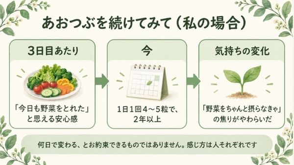 あおつぶを続けてみた私の体験の図。3日目あたりで「今日も野菜をとれた」と思える安心感、今は1日1回4〜5粒で2年以上、「野菜をちゃんと摂らなきゃ」の焦りがやわらいだ