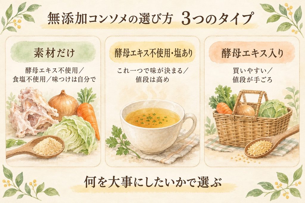 無添加コンソメの選び方を3つのタイプに分けた図解。素材だけ(酵母エキス・食塩不使用)、酵母エキス不使用・塩あり、酵母エキス入り(買いやすく値段が手ごろ)